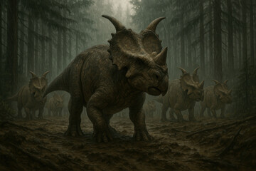 Fototapeta premium Large dinosaur walks through a forest of trees.