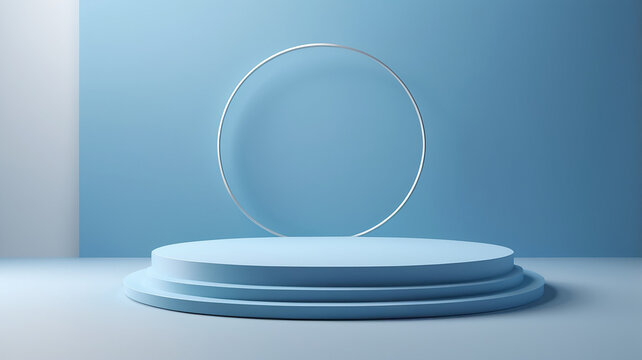 A serene and modern abstract background featuring soft waves and a circular platform, perfect for product displays or presentations. podium concept of digital tech blue light background.