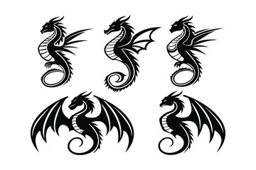 Naklejka premium Four Black Dragons Stylized Designs Winged Creatures