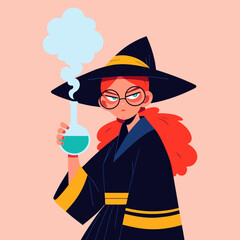 Isolated red-haired Halloween witch in black costume with potion flask and sarcastic look – cartoon vector
