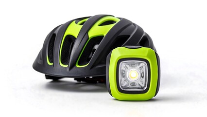 Bright bicycle light and helmet on white background for safety cycling at night or low light