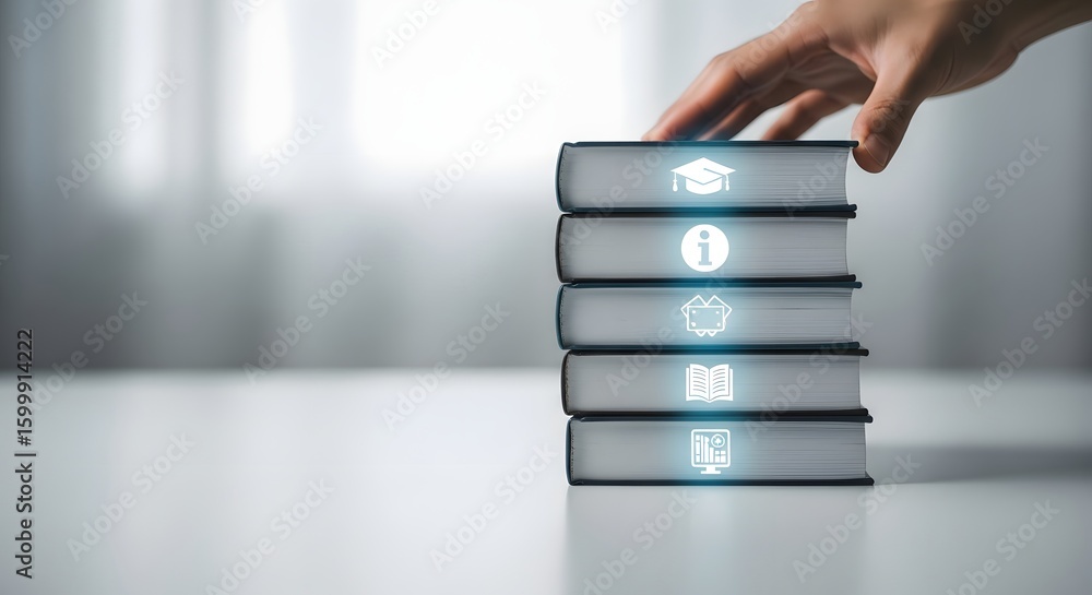 Aufkleber building knowledge and skills through education. hand stacking books with glowing icons representing