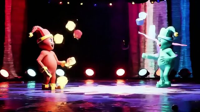 A trippy and surreal animation of a virtual circus performance in a glitchy digital world. Strange AI-generated characters, like a jester with pixelated limbs and a floating ballerina