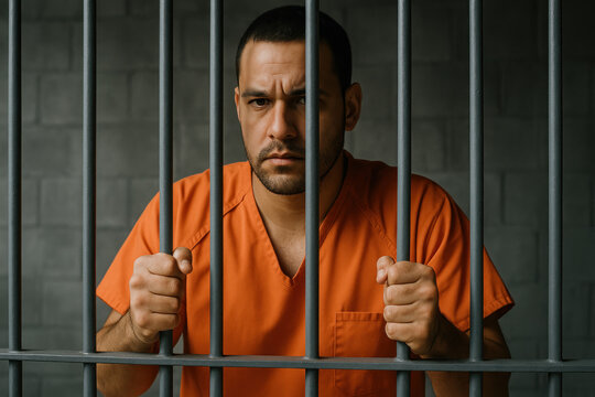 Man in orange prison uniform holding fist.