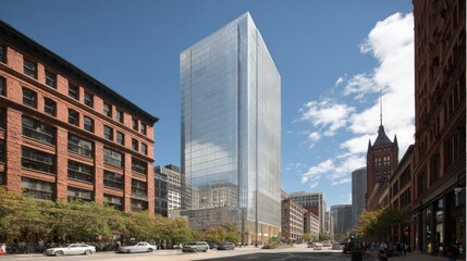 Modern skyscraper amidst older urban architecture