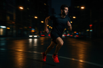 Man running on city street at night.