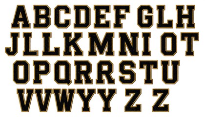 Alphabet display in bold, dark gold/yellow letters