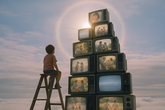 Child sits on a wooden ladder observing a tall vertical stack of vintage televisions reaching toward the sky as the sun creates a golden halo effect.
