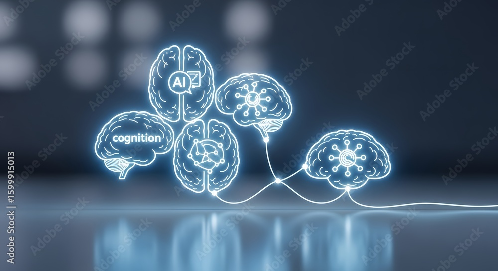 Poster futuristic concept of interconnected digital brains representing artificial intelligence, cognition,