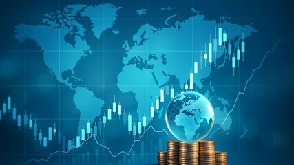 Tariff, trade war. Global business growth chart with stock market data and globe stacked coins illustrating financial success and market trends - Powered by Adobe