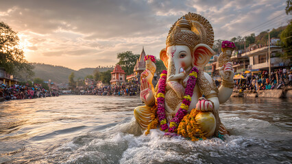 Ganesh Visarjan with lord Ganesha idol immersed in river during festival