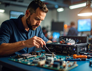 Technician repairing circuit board.