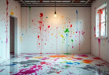 A minimalist room with a white wall and floor splattered with vibrant, multicolored paint drips and splashes; a single bare bulb hangs from the ceiling