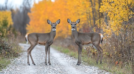Fototapeta premium Two White-Tailed Deer in Autumnal Forest