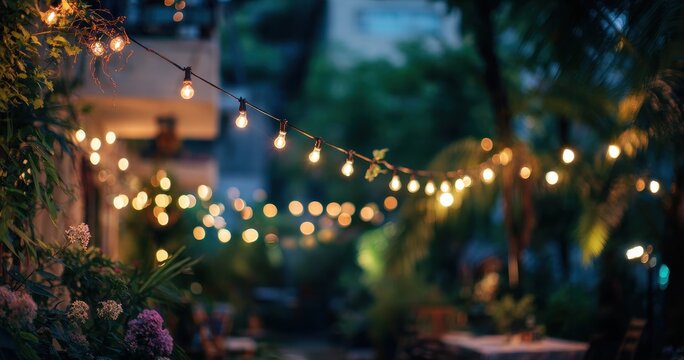 String lights illuminate a garden at night