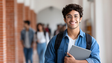 Young Indian male student with laptop standing in college corridor. University campus and learning lifestyle