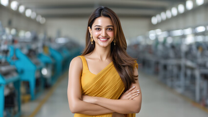 Confident young Indian woman in saree standing with crossed arms in textile factory showing Woman empowerment concept