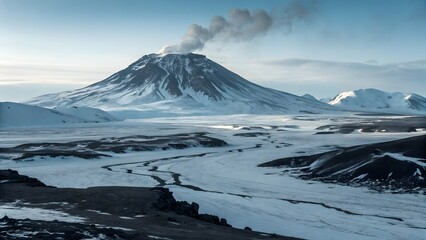 Dramatic Icelandic Volcano Erupting Smoke Against Ice-Covered Glacier Landscape