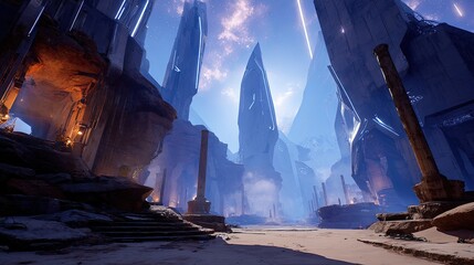 Pixelated Futuristic Ruined City Landscape At Night