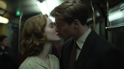 A tender moment captured on film: A passionate kiss shared by a couple amidst the bustling atmosphere of a vintage subway car.