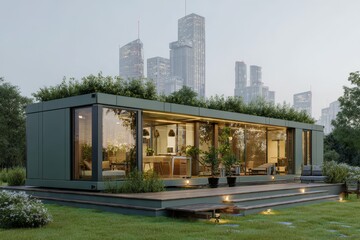 Modern modular home, verdant roof, city view