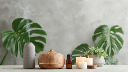 Diffuser, candles, and essential oils on a table, with greenery