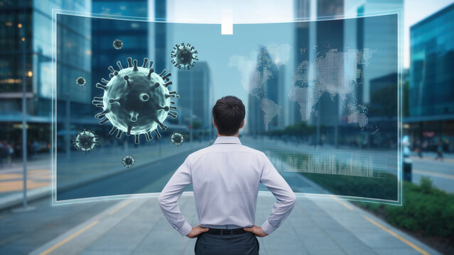 Man analyzes global virus spread on futuristic digital screen