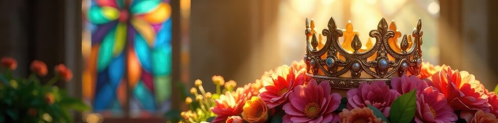 Obraz premium A majestic crown rests atop a vibrant floral arrangement, signifying rebirth and renewal Sunlight streams through a stained-glass window, casting a radiant glow , renewal, fantasy