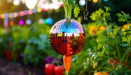 A disco ball carrot spinning in a garden, reflecting rainbow lights on nearby vegetables, hyper-detailed. 