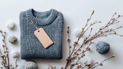 Folded gray sweater, tags, and natural elements