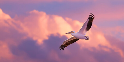 Obraz premium Majestic pelican soaring at sunset