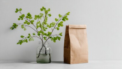 Light gray backdrop, small glass vase with fresh greenery, and kraft paper bag