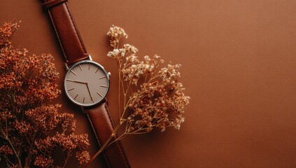 Brown leather watch, dried flowers, earthy tones