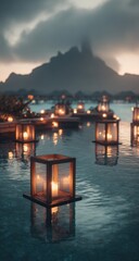 Tropical lagoon, candles, mountain backdrop