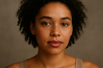 Woman with curly hair in brown tank top.