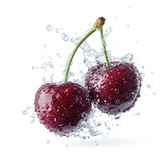 Two juicy cherries in water splashes