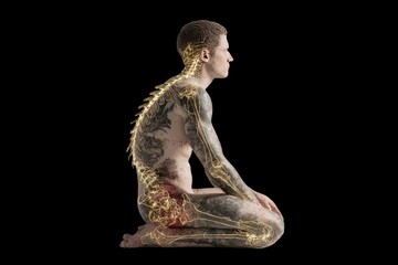Man in a seated pose, skeletal overlay