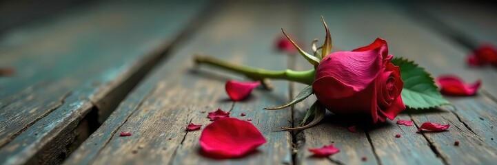 A single wilting rose lying on aged, cracked, wooden flooring, petals scattered nearby, signifying the end of a passionate relationship The image evokes feelings of loss and decay , romance, aging