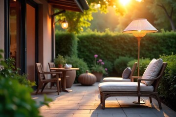 Obraz premium A stylish table lamp casts a warm, inviting glow on a sun-drenched patio, perfect for summer evenings The scene evokes relaxation and outdoor enjoyment , sunlight, summer evening, peaceful