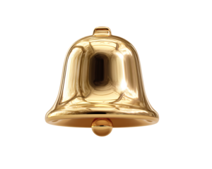 Polished Gold Bell Notification Icon with Reflective Surface, Front View, Isolated on Transparent Background PNG  