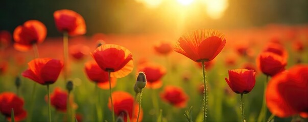 Fototapeta premium A vibrant field of red poppies swaying gently in the breeze, bathed in golden sunlight Perfect for themes of remembrance, beauty, and nature's delicate strength , sunlight, summer flowers