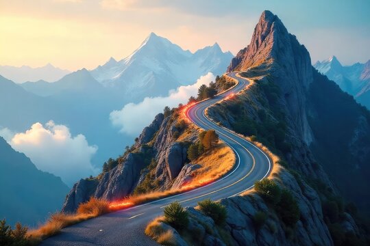 A winding road ascending a mountain, symbolizing career progression and the journey to success Challenges and milestones are represented by the curves and altitude , road, progress, elevation