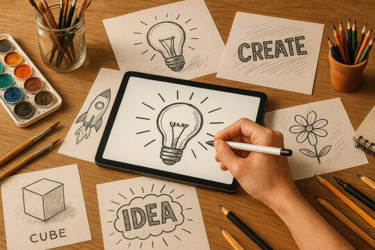 Person drawing on tablet with a light bulb.