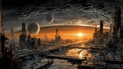 Futuristic Cityscape At Sunset With Planets