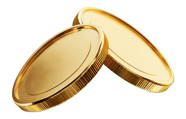 Two golden metal coins with smooth surface, isolated on transparent cutout background
