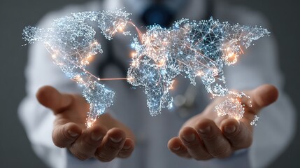 Doctor holds holographic world map to represent global telemedicine, medical data access, and cross-border healthcare innovation through immersive digital platforms.