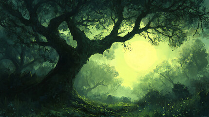 Fototapeta premium Enchanted Forest Illustration with Mystical Light and Ancient Trees