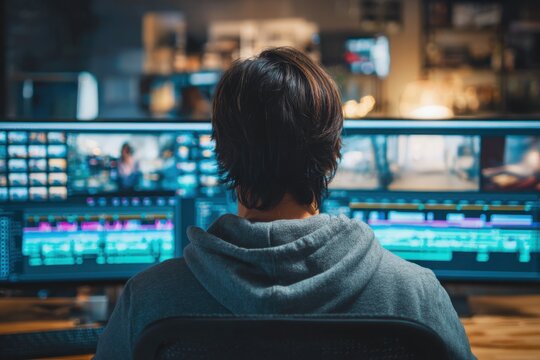 A person editing video footage on multiple monitors in a dimly lit room, focused on digital media production.