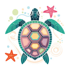 Sea Turtle illustrated through prismatic light patterns and faceted symmetry in abstract style.