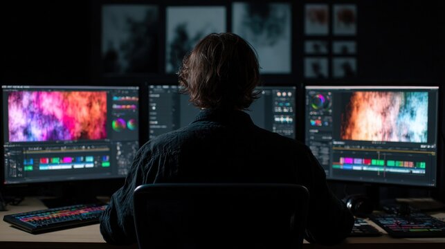 A person is working on video editing across multiple monitors displaying colorful footage and editing software in a dark room.